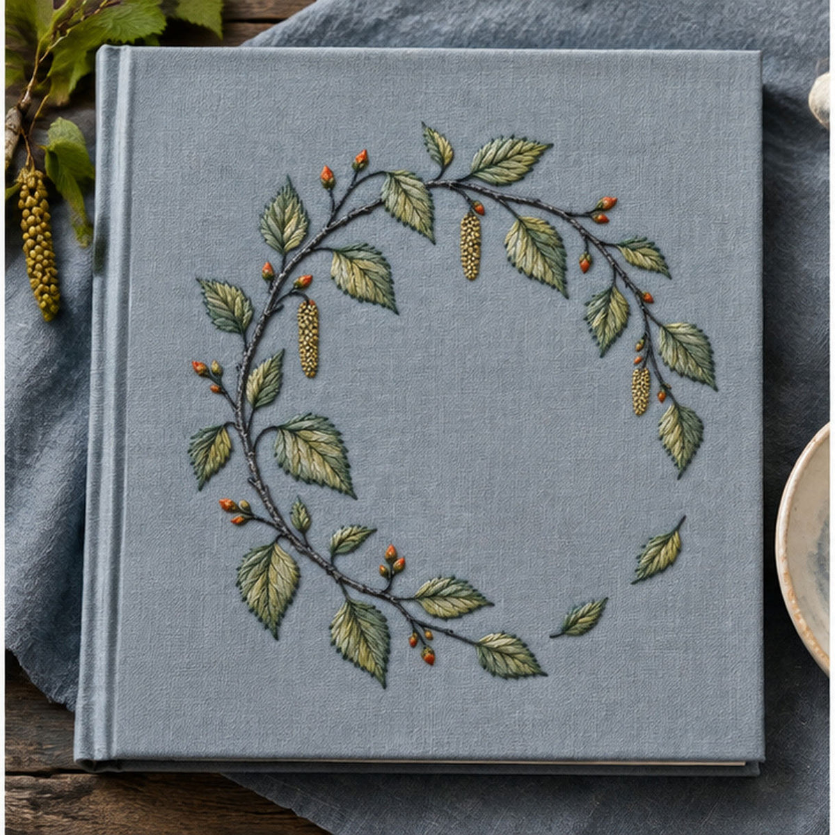 Blue textile flat lay mockup featuring the Birch Leaf Open Wreath hand embroidery design. Young birch branches and hanging catkins form a light wreath with a lower-right gap.