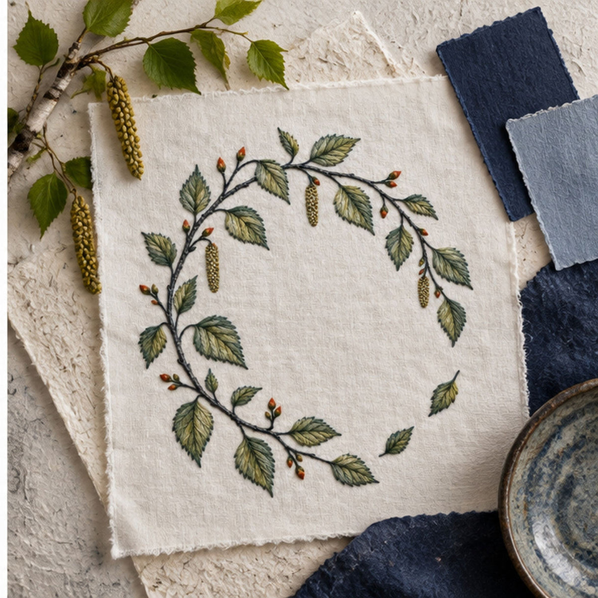 Linen textile laid flat mockup featuring the Birch Leaf Open Wreath hand embroidery design. Young birch branches and hanging catkins form a light wreath with a lower-right gap.