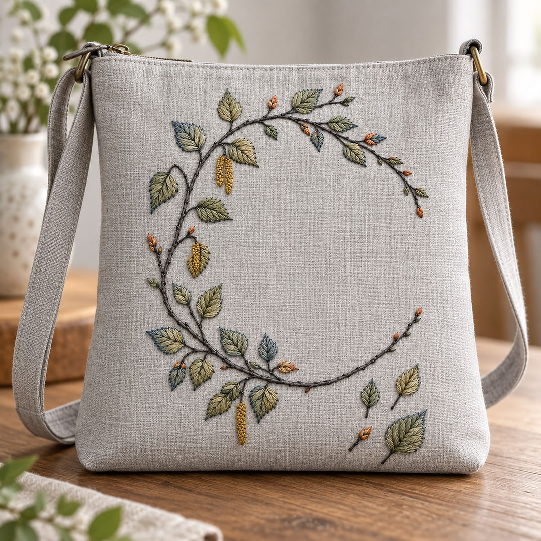 Linen cushion mockup featuring the Birch Leaf Open Wreath hand embroidery design. Young birch branches and hanging catkins form a light wreath with a lower-right gap.