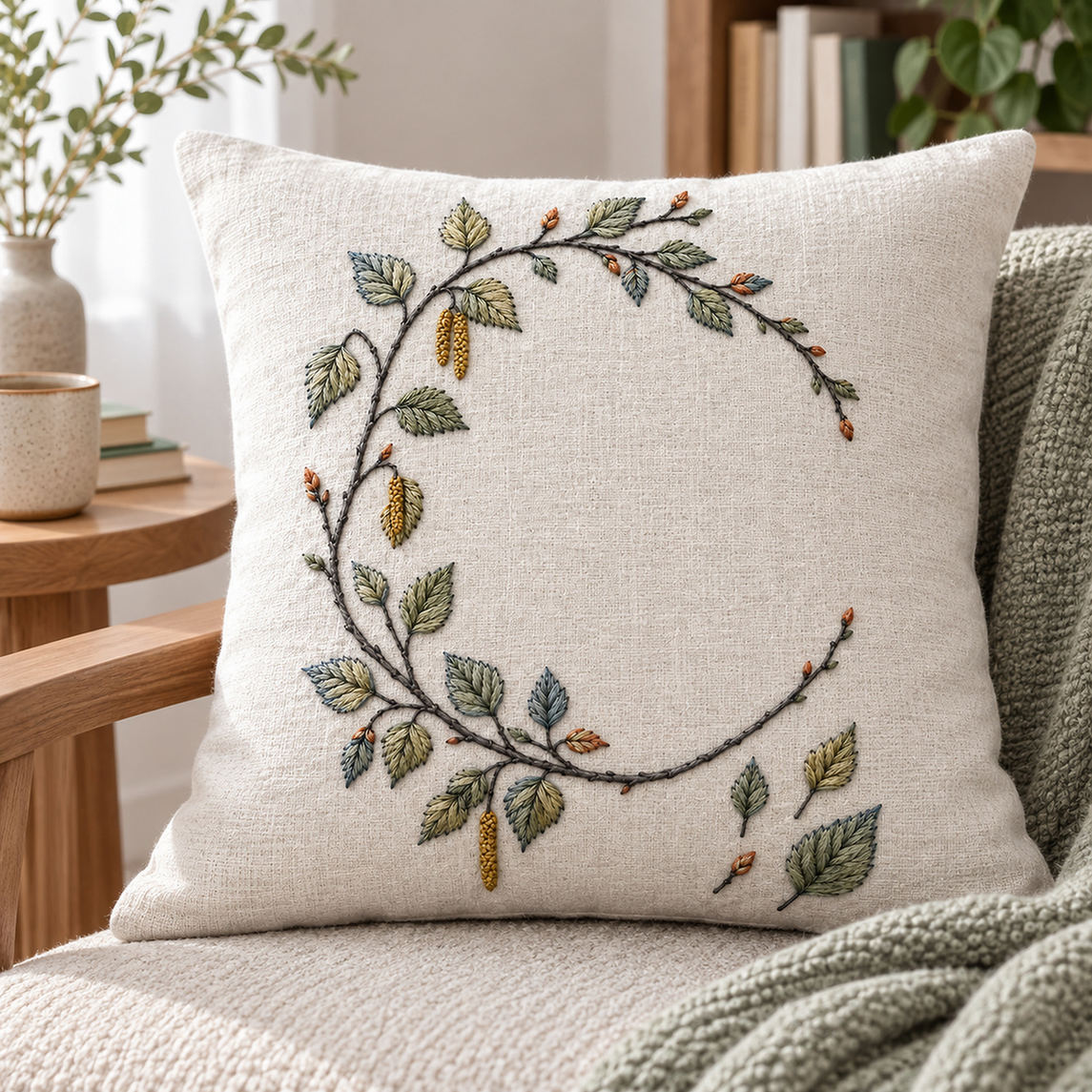 Linen cushion on a chair mockup featuring the Birch Leaf Open Wreath hand embroidery design. Young birch branches and hanging catkins form a light wreath with a lower-right gap.