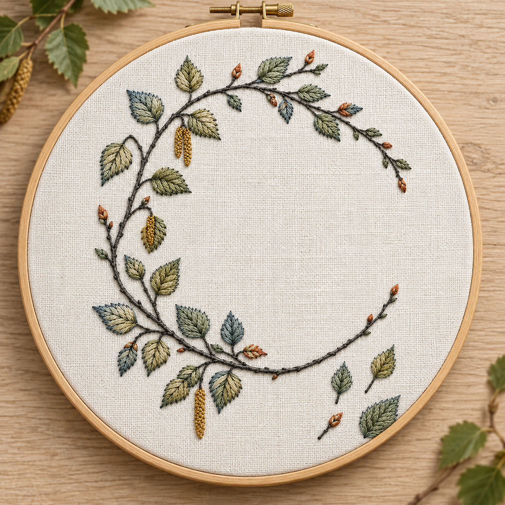 Embroidery hoop mockup featuring the Birch Leaf Open Wreath hand embroidery design. Young birch branches and hanging catkins form a light wreath with a lower-right gap.