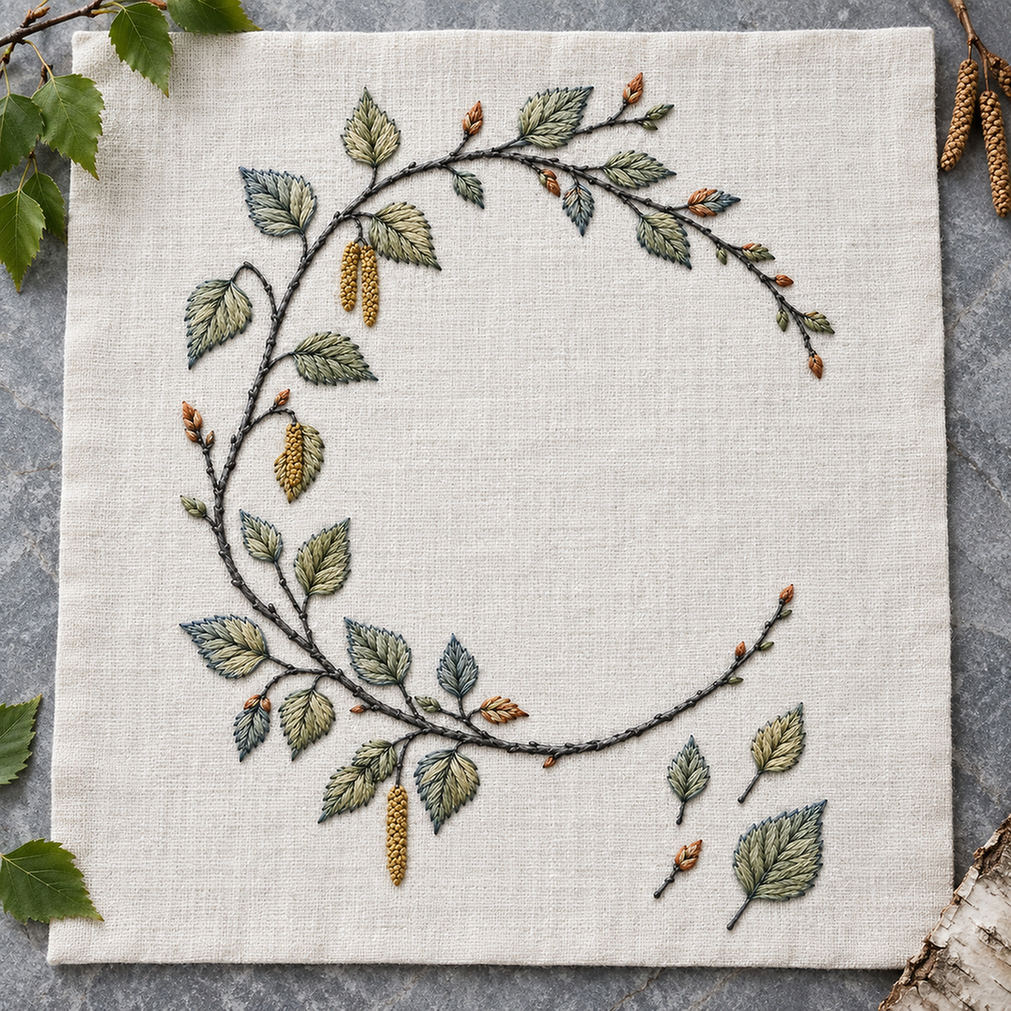 Close view of the leaf wreath mockup featuring the Birch Leaf Open Wreath hand embroidery design. Young birch branches and hanging catkins form a light wreath with a lower-right gap.