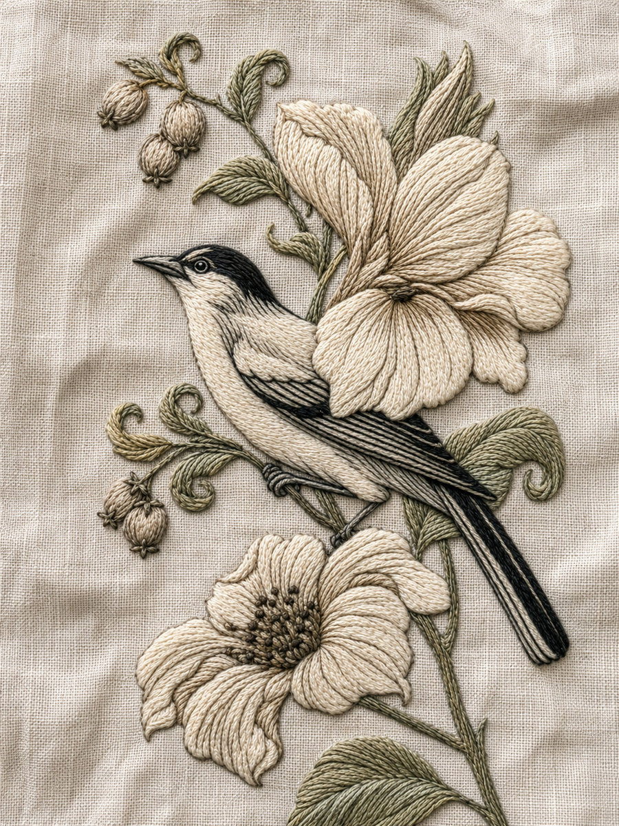 Bird And Exotic Flower Panel 02 from Jacobean & Crewel Embroidery Book 3, a digital embroidery design reference for machine embroidery designs, embroidery patterns and botanical and floral embroidery.