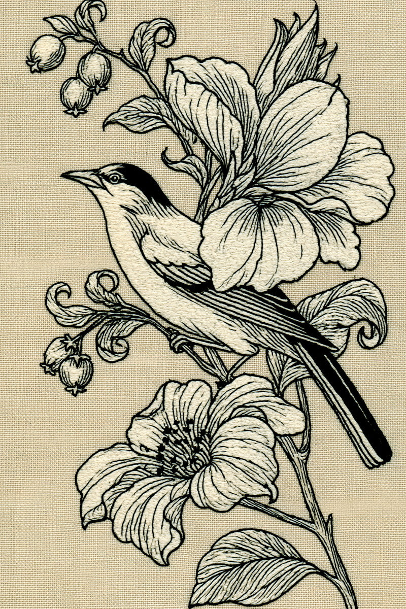 Bird And Exotic Flower Panel from Jacobean & Crewel Embroidery Book 3, a digital embroidery design reference for machine embroidery designs, embroidery patterns and botanical and floral embroidery.