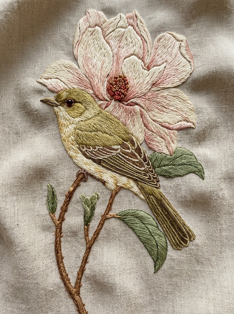 Bird And Magnolia Branch Birds from Birds Embroidery Book 1, a digital embroidery design reference for machine embroidery designs, embroidery patterns and embroidery design reference.