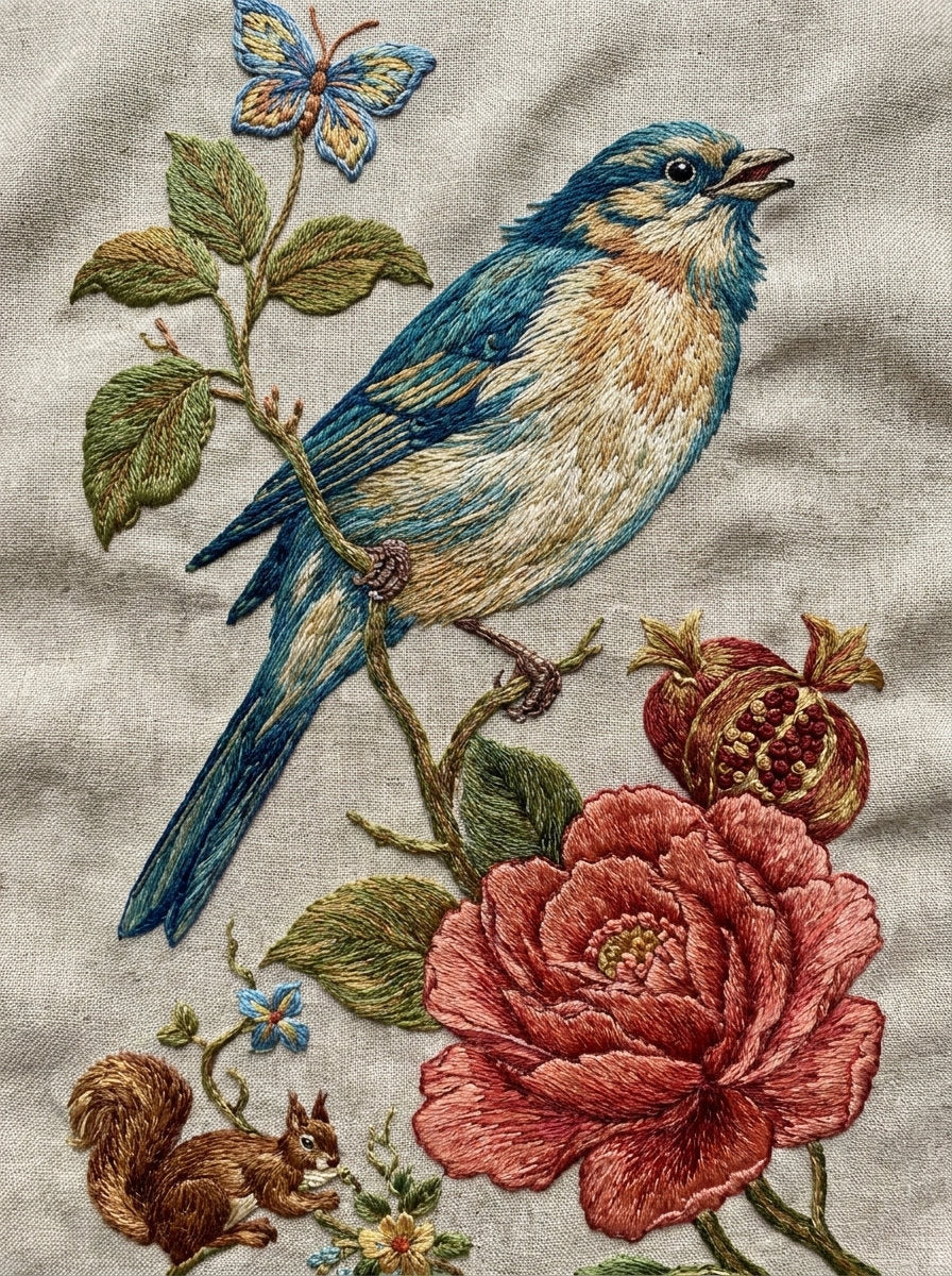 Bird And Nature Collection Plate from Jacobean & Crewel Embroidery Book 4, a digital embroidery design reference for machine embroidery designs, embroidery patterns and embroidery design reference.