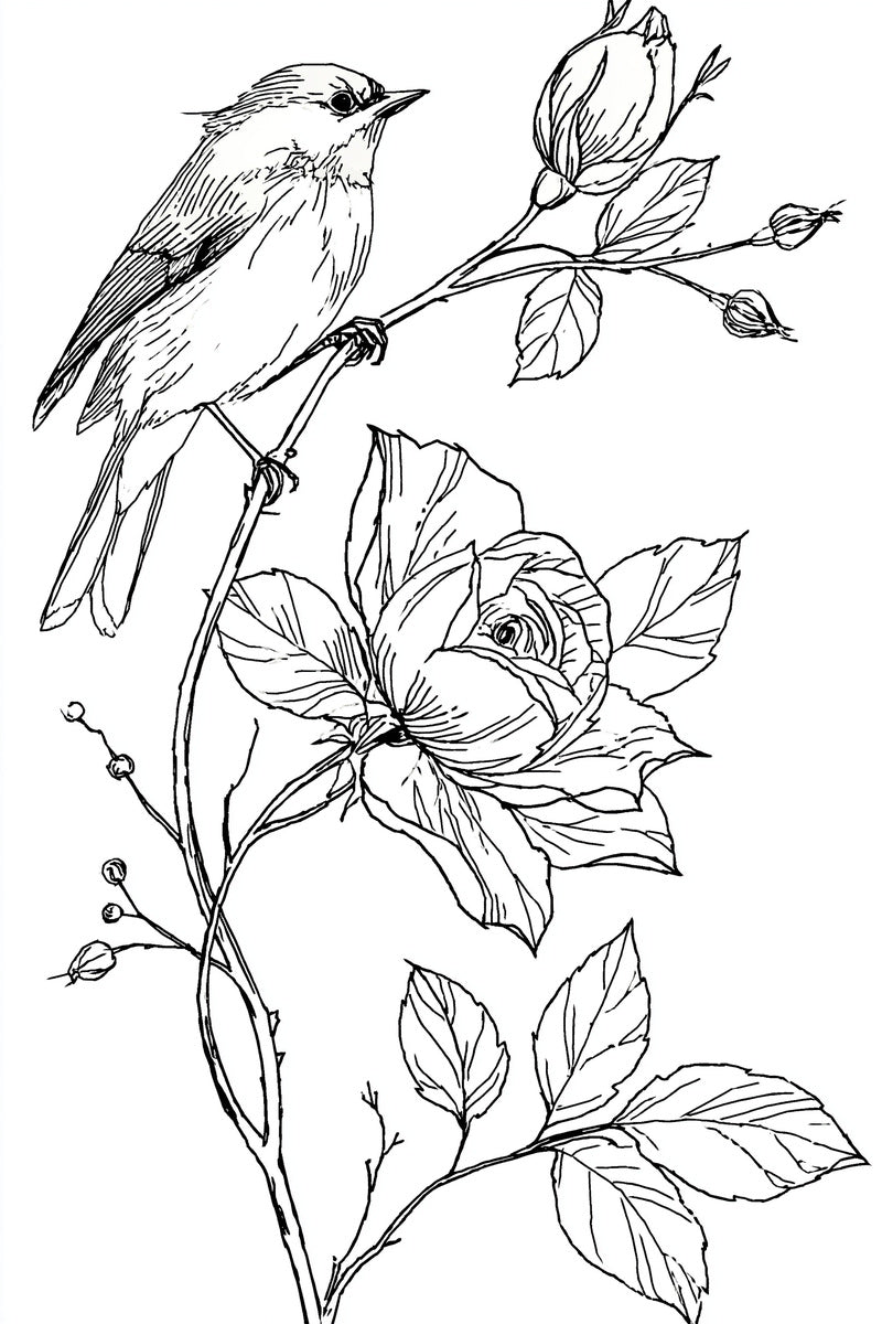 Bird And Rose Branch Birds from Birds Embroidery Book 1, a digital embroidery design reference for machine embroidery designs, embroidery patterns and botanical and floral embroidery.