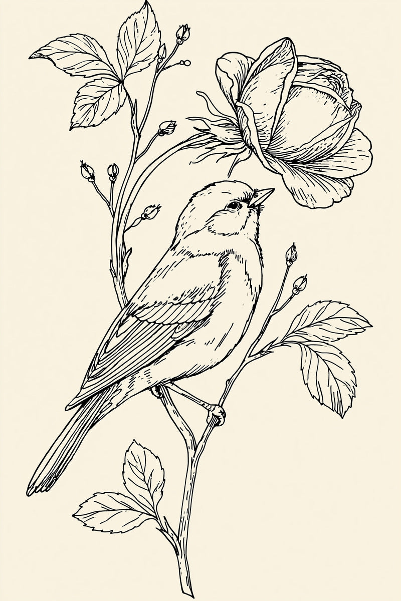 Bird And Rose Branch Birds from Birds Embroidery Book 3, a digital embroidery design reference for machine embroidery designs, embroidery patterns and botanical and floral embroidery.