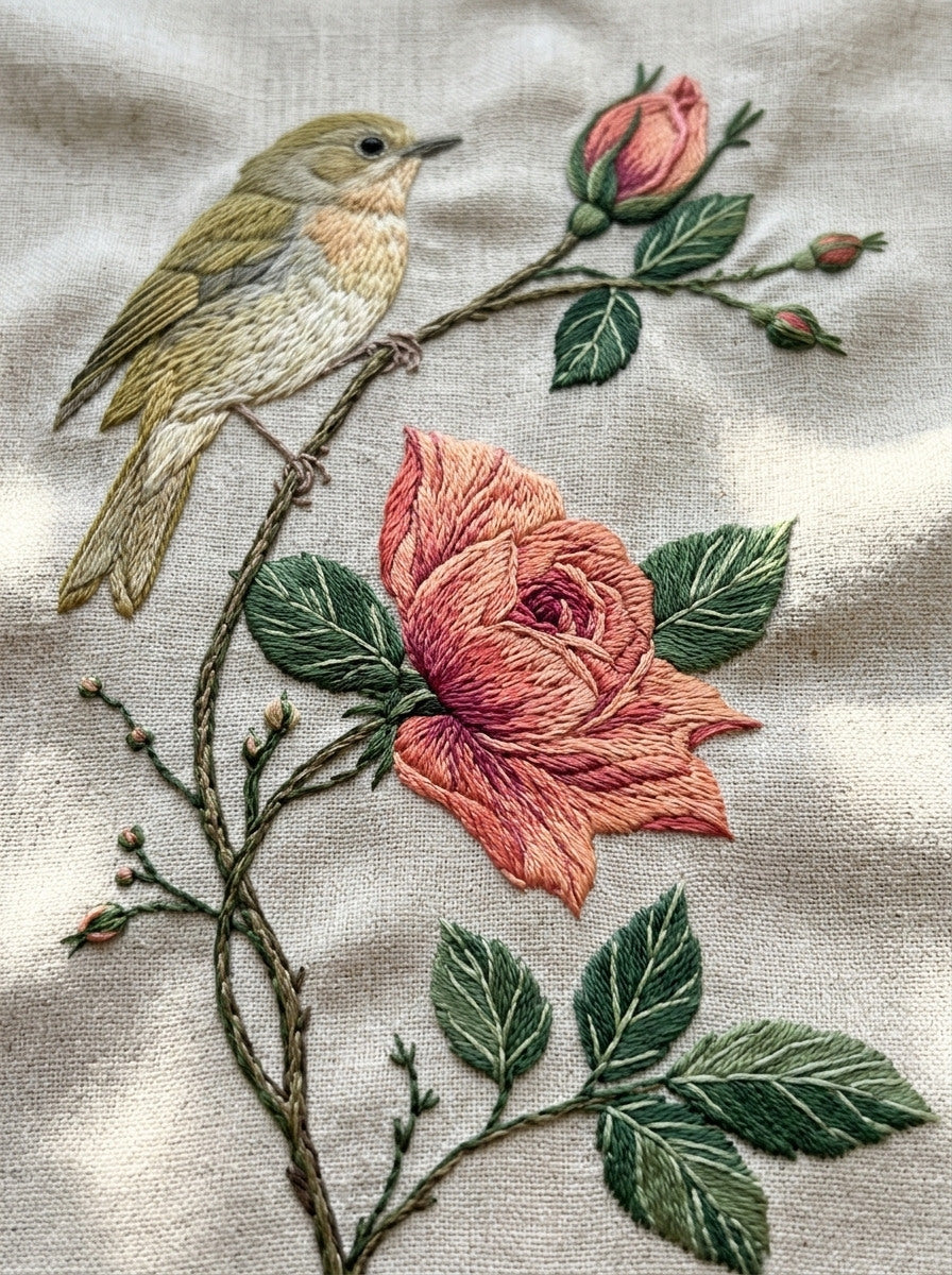 Bird And Rose Branch Birds from Birds Embroidery Book 1, a digital embroidery design reference for machine embroidery designs, embroidery patterns and botanical and floral embroidery.