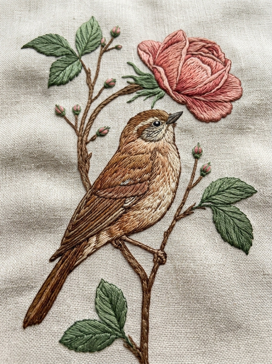 Bird And Rose Branch Birds from Birds Embroidery Book 3, a digital embroidery design reference for machine embroidery designs, embroidery patterns and botanical and floral embroidery.