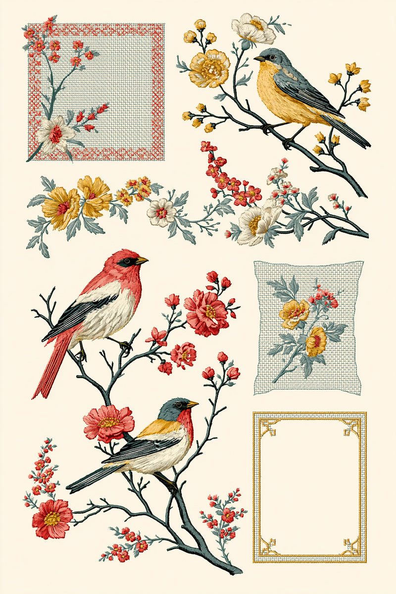 Bird Home Textile Placement Set from Birds Embroidery Book 4, a digital embroidery design reference for machine embroidery designs, embroidery patterns and lace and broderie details.