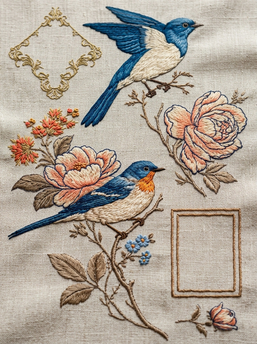 Bird Home Textile Placement Set from Birds Embroidery Book 2, a digital embroidery design reference for machine embroidery designs, embroidery patterns and lace and broderie details.