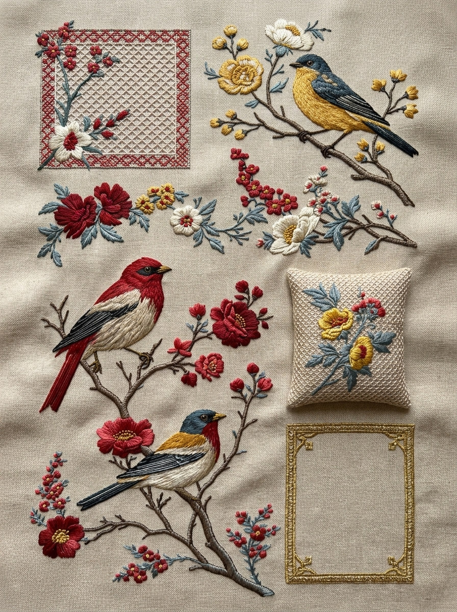 Bird Home Textile Placement Set from Birds Embroidery Book 4, a digital embroidery design reference for machine embroidery designs, embroidery patterns and lace and broderie details.