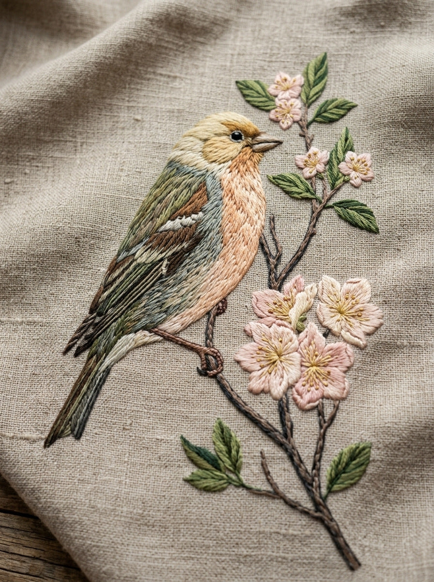 Bird On Blossom Branch Birds from Birds Embroidery Book 2, a digital embroidery design reference for machine embroidery designs, embroidery patterns and embroidery design reference.