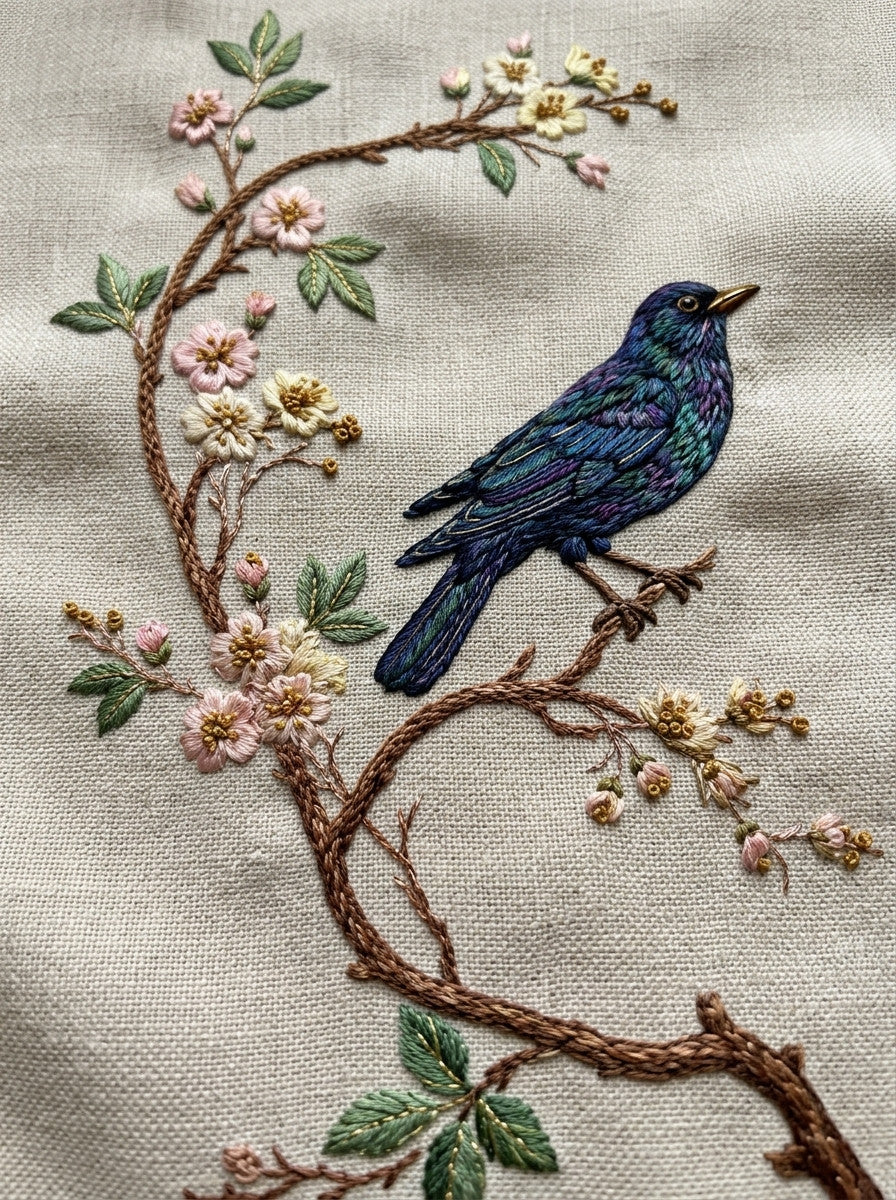 Bird On Floral Branch Motif from Birds Embroidery Book 2, a digital embroidery design reference for machine embroidery designs, embroidery patterns and botanical and floral embroidery.