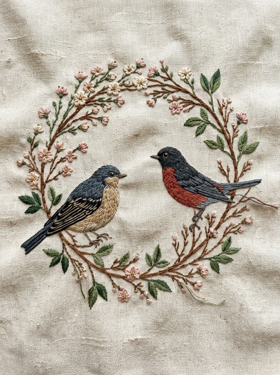 Bird Wreath Frame Birds Embroidery from Birds Embroidery Book 1, a digital embroidery design reference for machine embroidery designs, embroidery patterns and frames and monogram spaces.