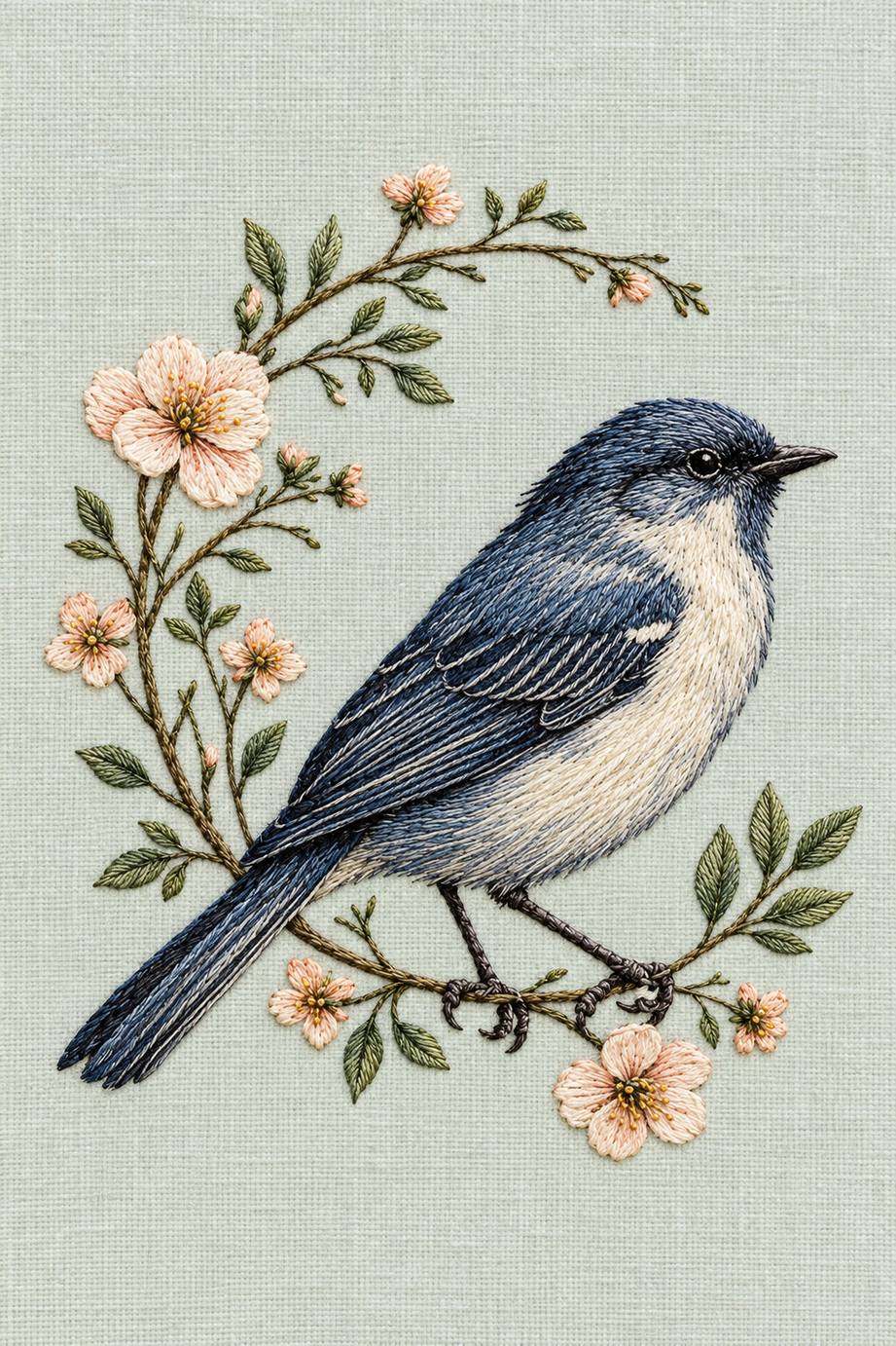 Perched songbird and curving floral branch, rendered as fine cotton hand embroidery. Birds Embroidery, Book 1.