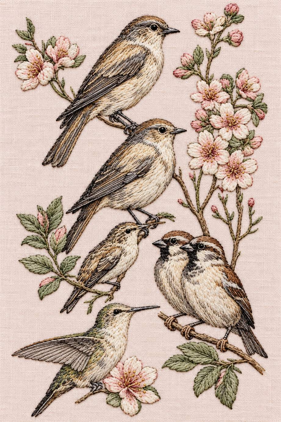 Six bird and flowering branch study, rendered as fine cotton hand embroidery. Birds Embroidery, Book 1.