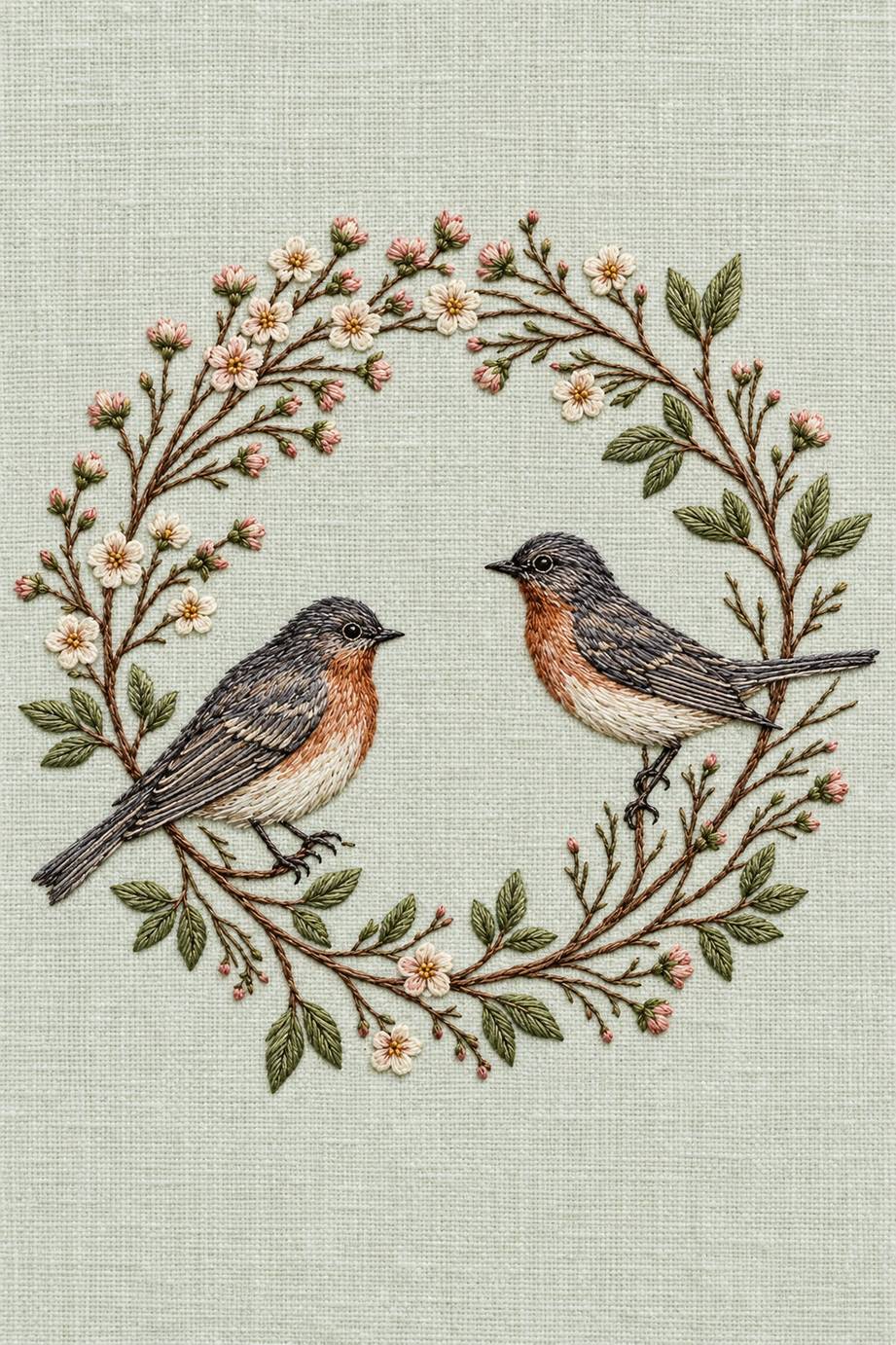 Two songbirds in open floral wreath, rendered as fine cotton hand embroidery. Birds Embroidery, Book 1.