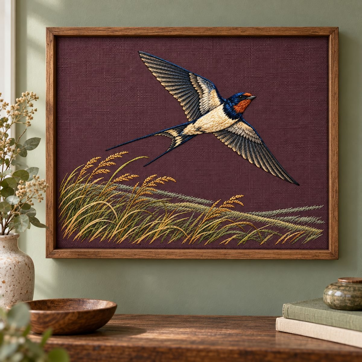 Swallow embroidery design shown in a digital mockup of landscape natural wood shadowbox on a muted sage hallway wall. Study 01.
