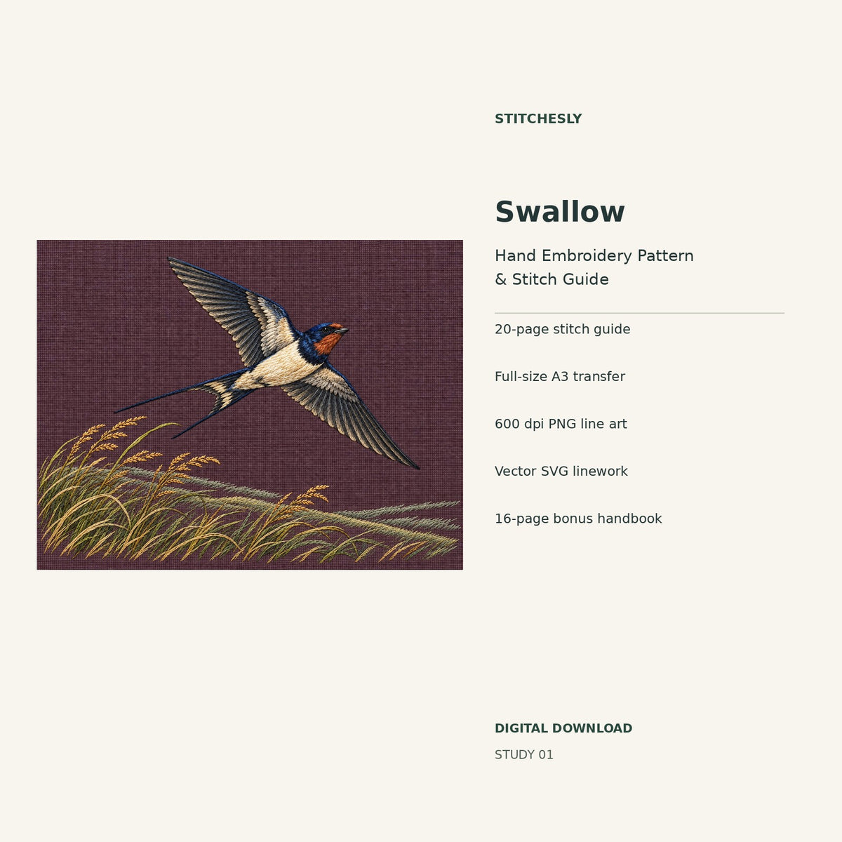 Swallow hand embroidery digital package cover showing the reference artwork and included guide, transfer, PNG, SVG and bonus handbook.