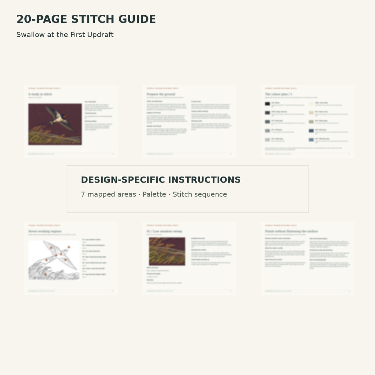Protected page overview of the 20-page Swallow stitch guide, including its numbered map, suggested palette and working sequence.