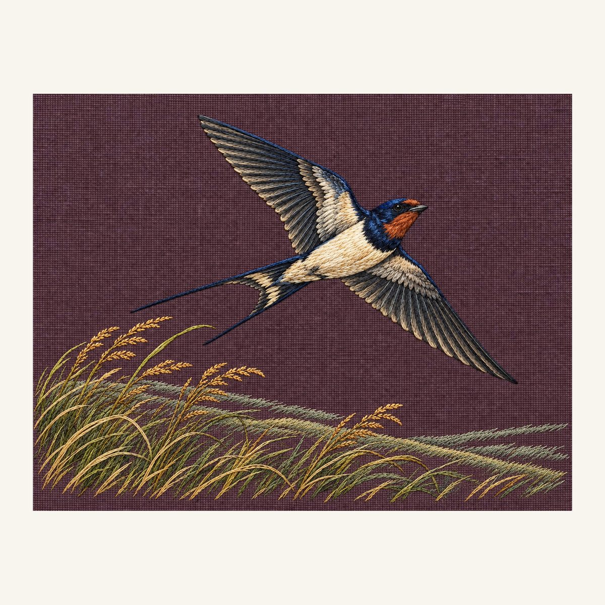 Digital embroidery reference showing a swallow rising above meadow grass on muted plum-brown linen, landscape composition.