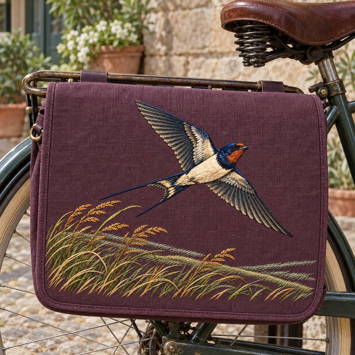 Swallow embroidery design in a digital mockup of wide plum linen bicycle pannier outer flap on a stationary vintage bicycle in courtyard. Placement inspiration for Study 01.