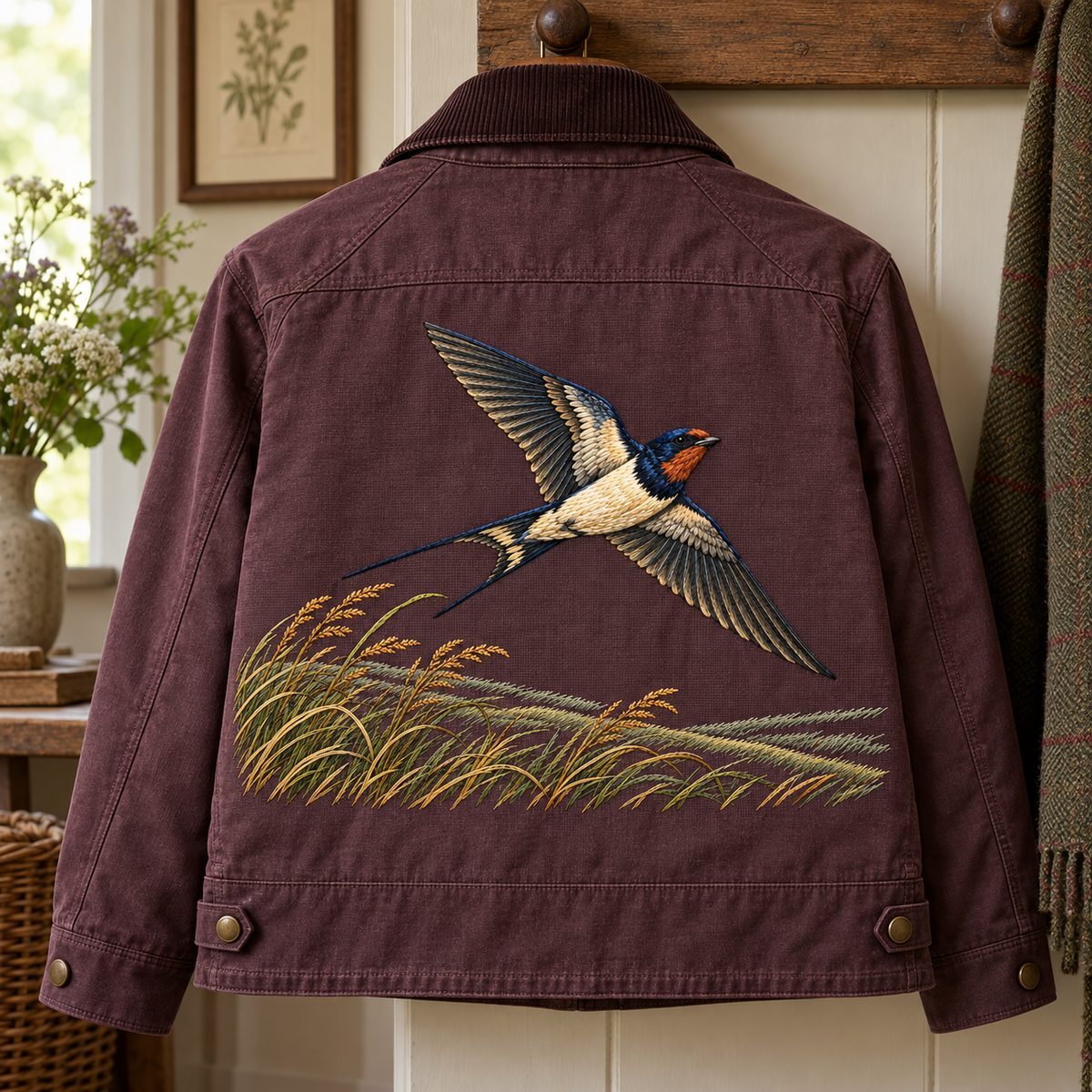 Swallow embroidery design in a digital mockup of landscape embroidered back panel of a country walking jacket hanging straight from a peg. Placement inspiration for Study 01.