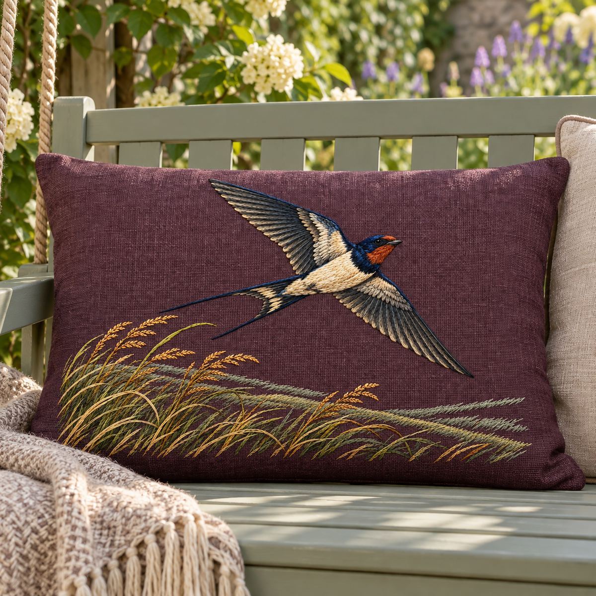 Swallow embroidery design in a digital mockup of wide rectangular plum cushion on a painted garden swing. Placement inspiration for Study 01.