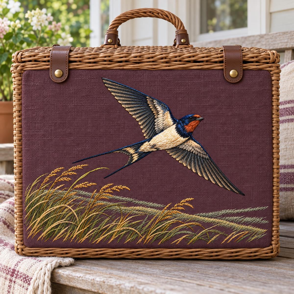 Swallow embroidery design in a digital mockup of wide linen-covered picnic hamper front on a porch bench, handles clear of embroidery. Placement inspiration for Study 01.
