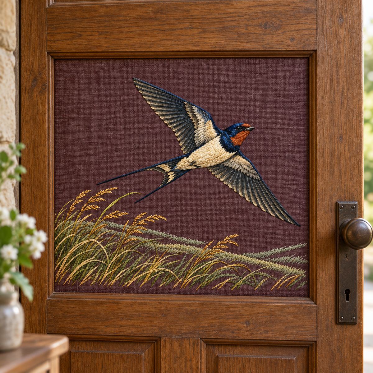 Swallow embroidery design in a digital mockup of landscape linen inset in a wooden cottage entrance door, close editorial view. Placement inspiration for Study 01.