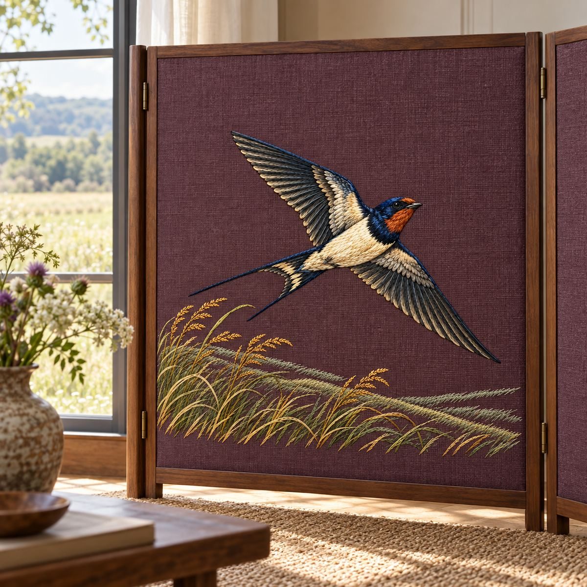 Swallow embroidery design in a digital mockup of wide embroidered textile room divider panel beside meadow-facing window. Placement inspiration for Study 01.