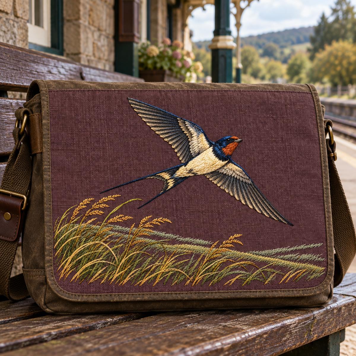 Swallow embroidery design in a digital mockup of large landscape fieldwork messenger bag on a country train-station bench. Placement inspiration for Study 01.