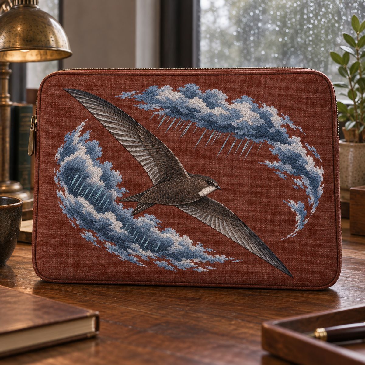 Swift embroidery design shown in a digital mockup of wide rust-brown linen laptop sleeve standing upright on rain-lit study desk. Study 02.