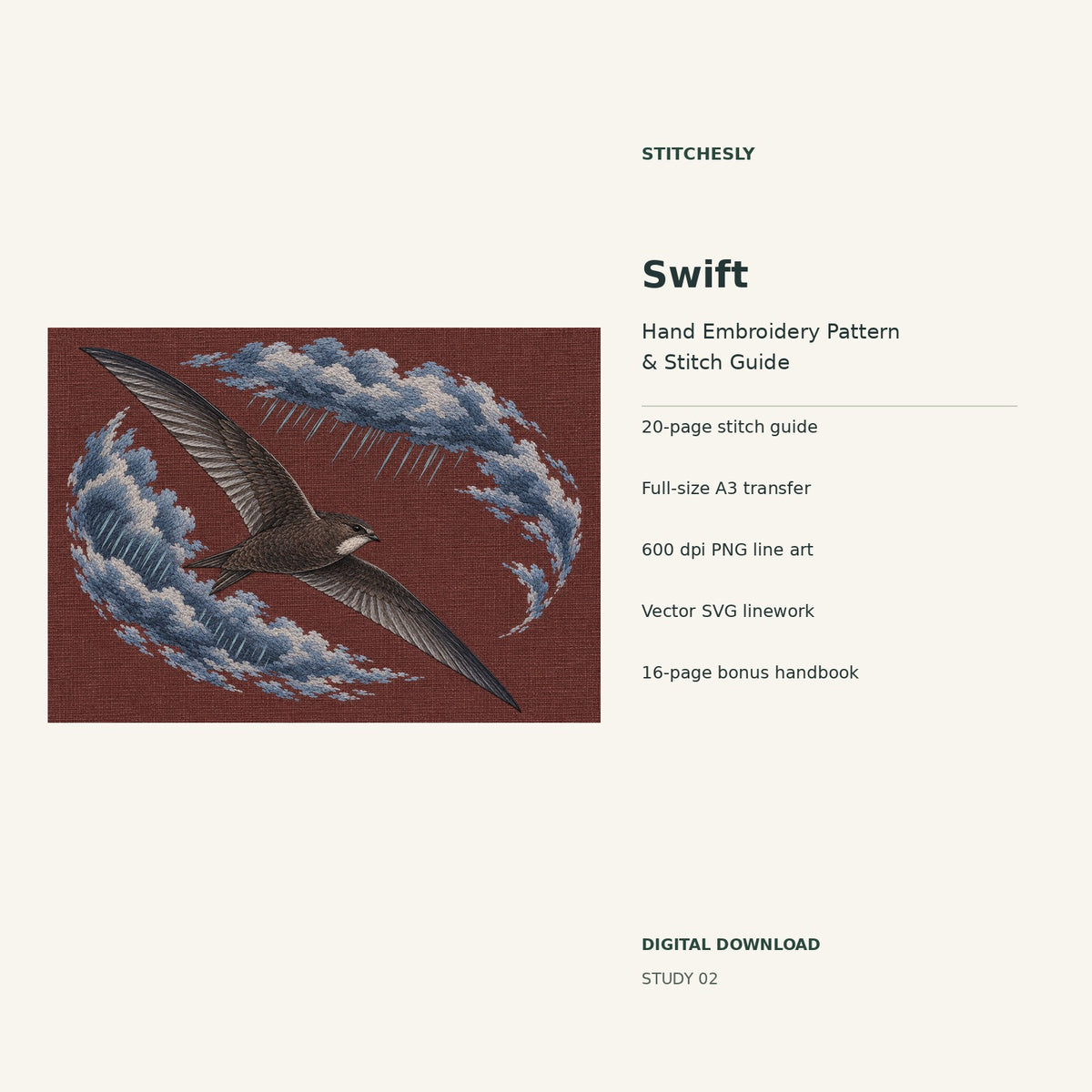 Swift hand embroidery digital package cover showing the reference artwork and included guide, transfer, PNG, SVG and bonus handbook.