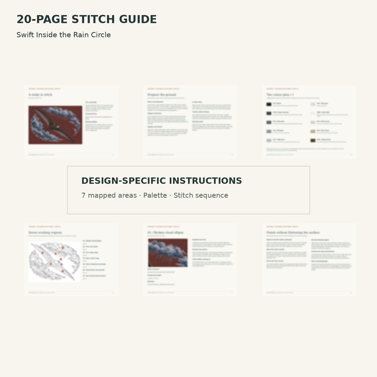 Protected page overview of the 20-page Swift stitch guide, including its numbered map, suggested palette and working sequence.