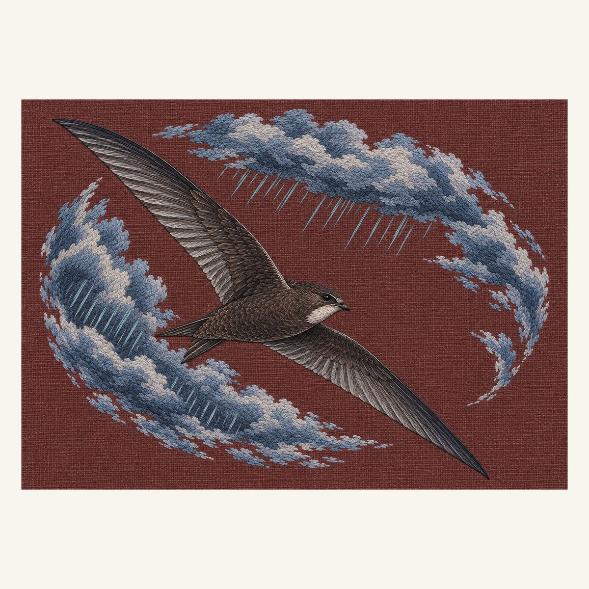 Digital embroidery reference showing a swift banking through cloud and rain on muted rust-brown linen, landscape composition.