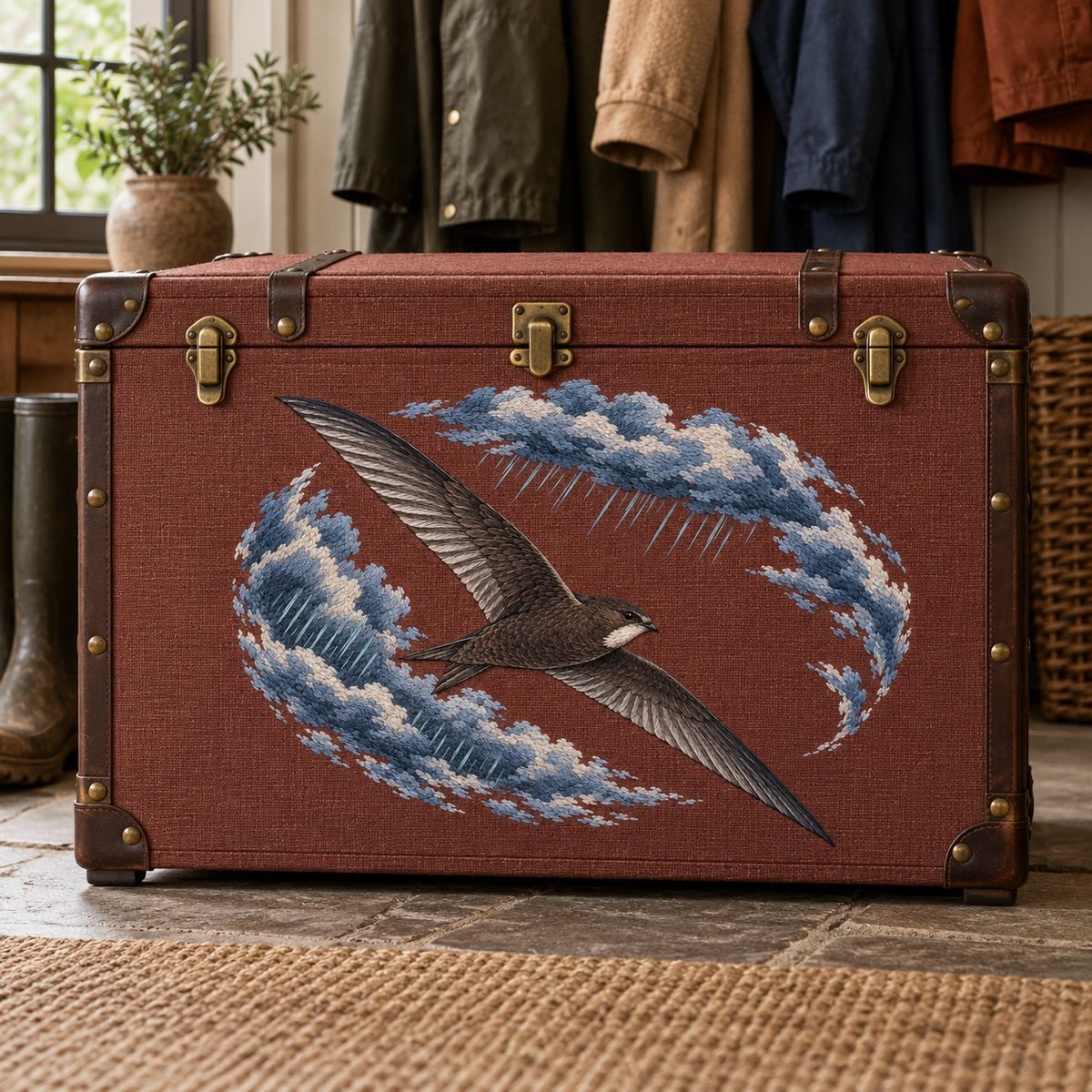 Swift embroidery design in a digital mockup of wide raincoat storage trunk linen front in urban mudroom. Placement inspiration for Study 02.