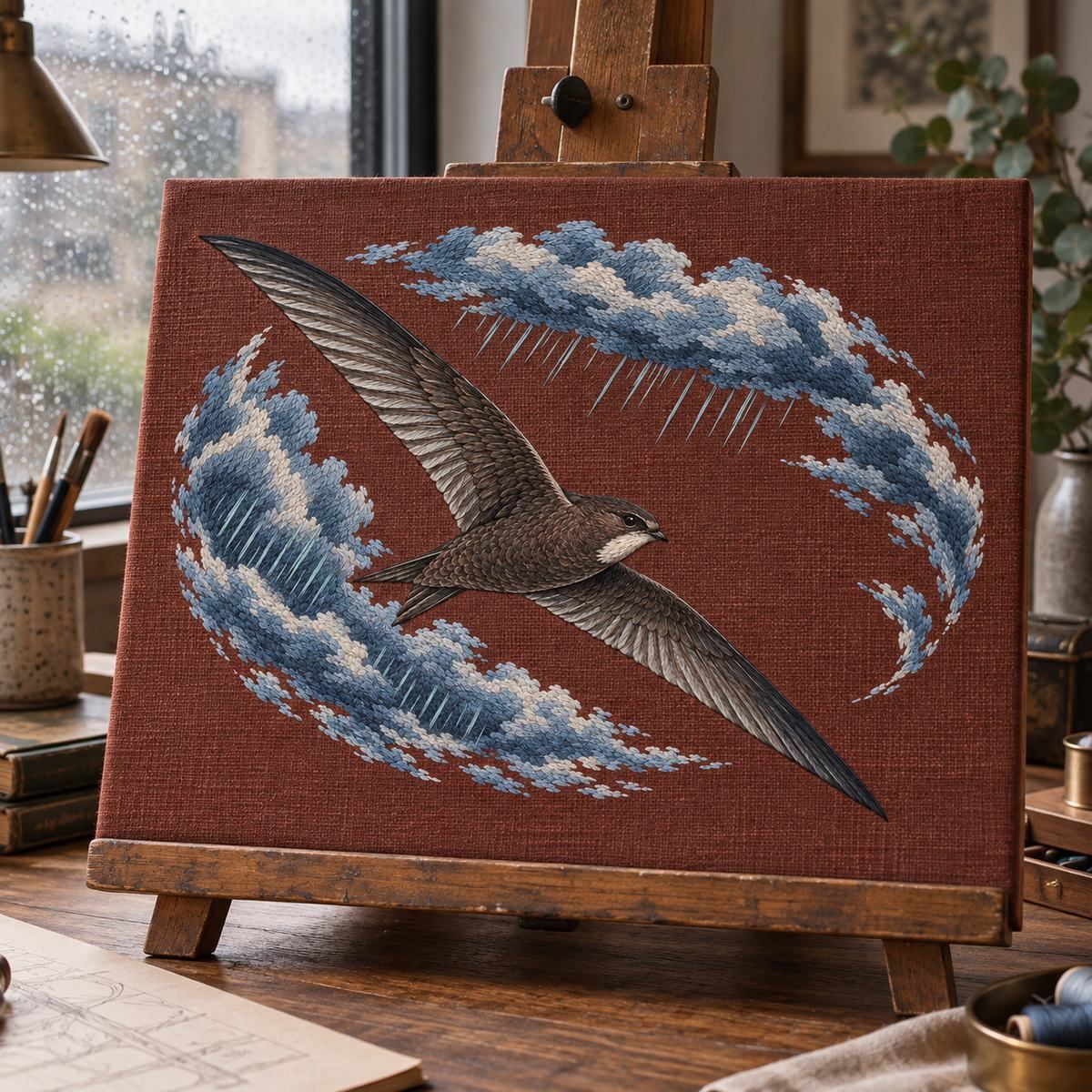 Swift embroidery design in a digital mockup of landscape portfolio display panel on architect's drafting table easel, window raindrops. Placement inspiration for Study 02.