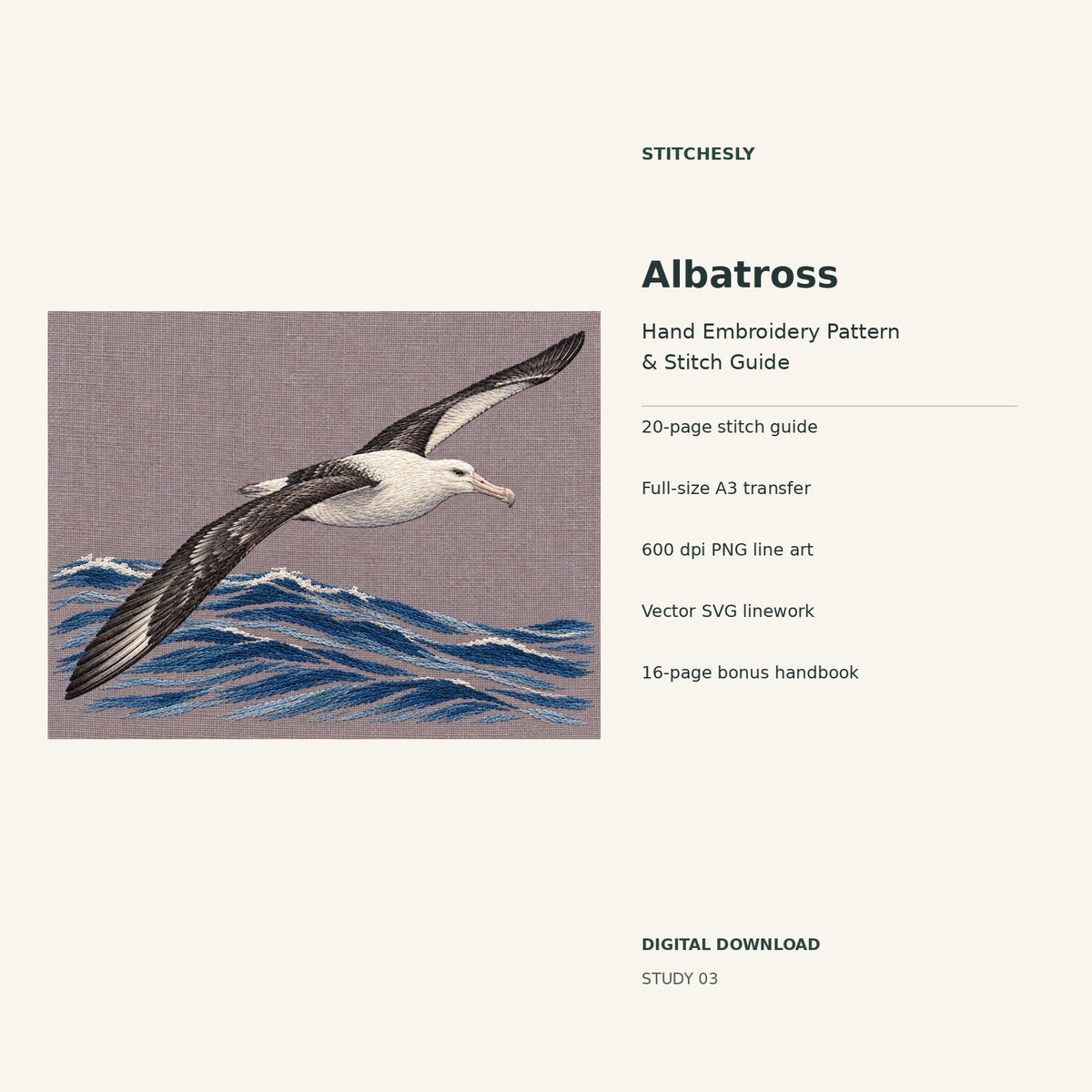 Albatross hand embroidery digital package cover showing the reference artwork and included guide, transfer, PNG, SVG and bonus handbook.
