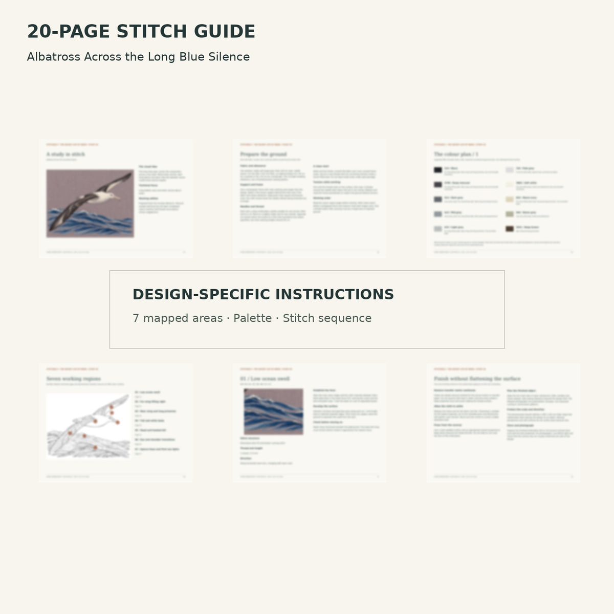 Protected page overview of the 20-page Albatross stitch guide, including its numbered map, suggested palette and working sequence.