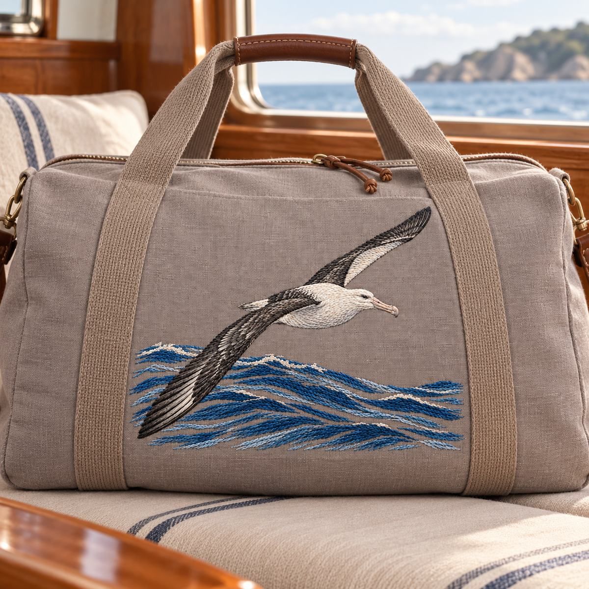Albatross embroidery design in a digital mockup of wide taupe sailcloth duffel side panel on a boat-cabin bench, handles clear. Placement inspiration for Study 03.