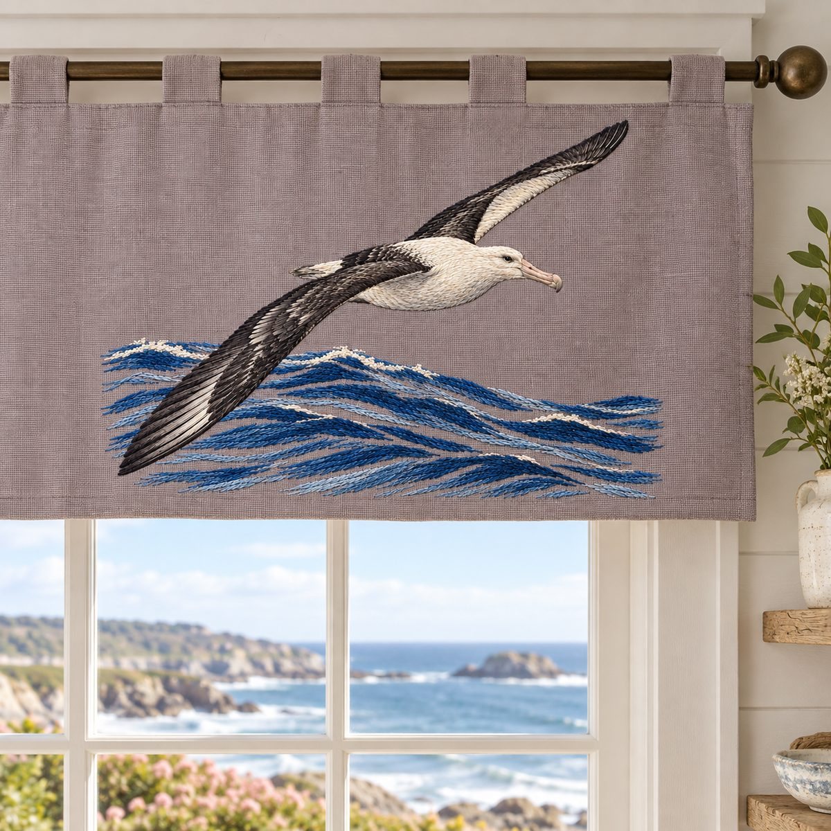 Albatross embroidery design in a digital mockup of horizontal embroidered linen valance above a coastal cottage window. Placement inspiration for Study 03.