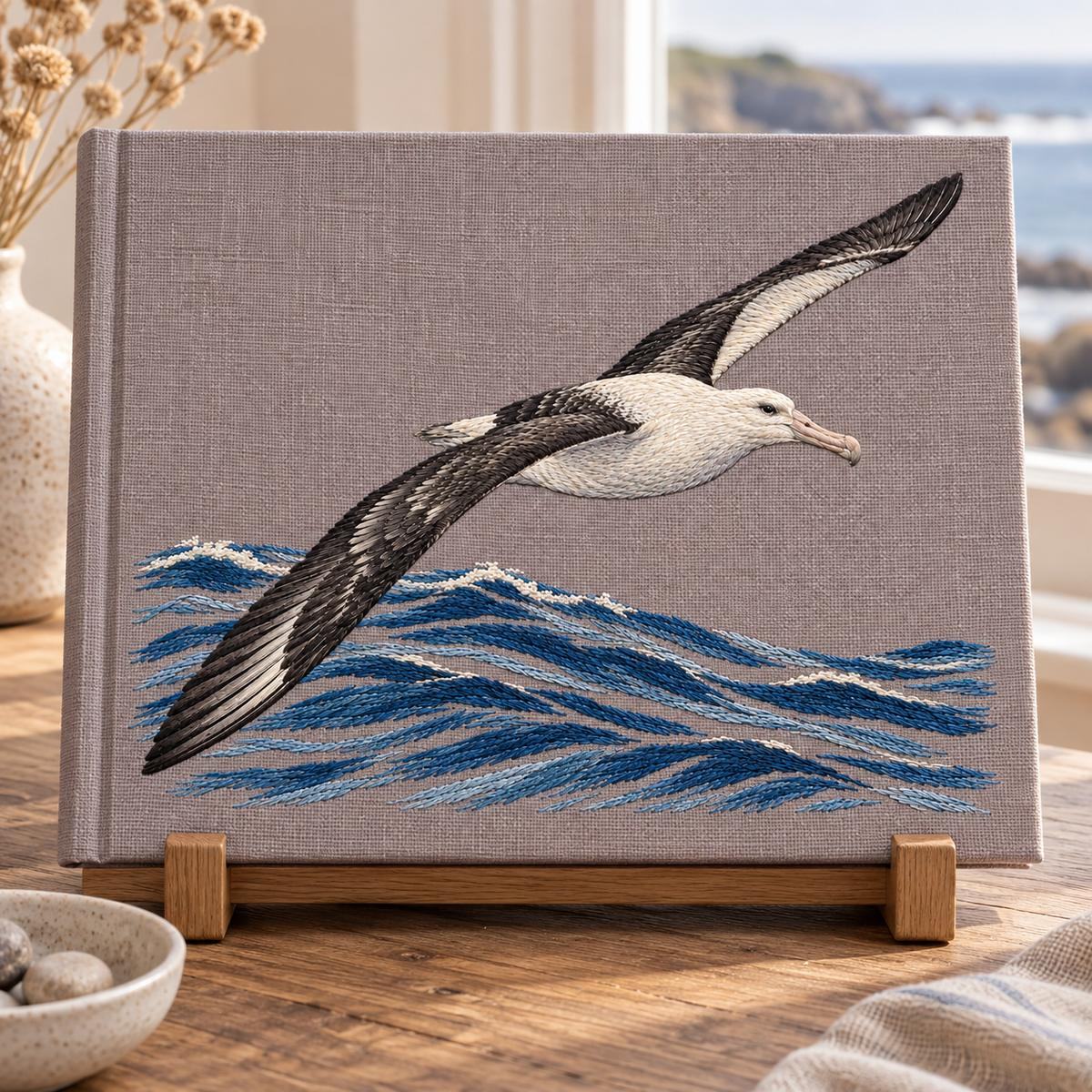 Albatross embroidery design in a digital mockup of large landscape coastal photograph album on low oak display stand. Placement inspiration for Study 03.