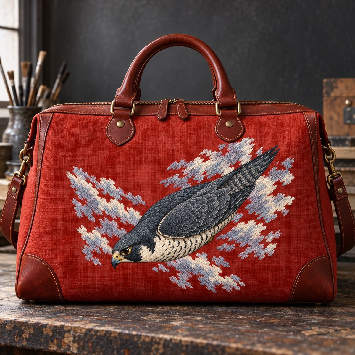 Peregrine Falcon embroidery design shown in a digital mockup of wide vermilion leather-trimmed linen artist's tool satchel in a charcoal studio. Study 04.