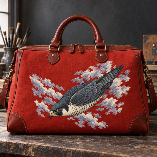 Peregrine Falcon embroidery design shown in a digital mockup of wide vermilion leather-trimmed linen artist's tool satchel in a charcoal studio. Study 04.