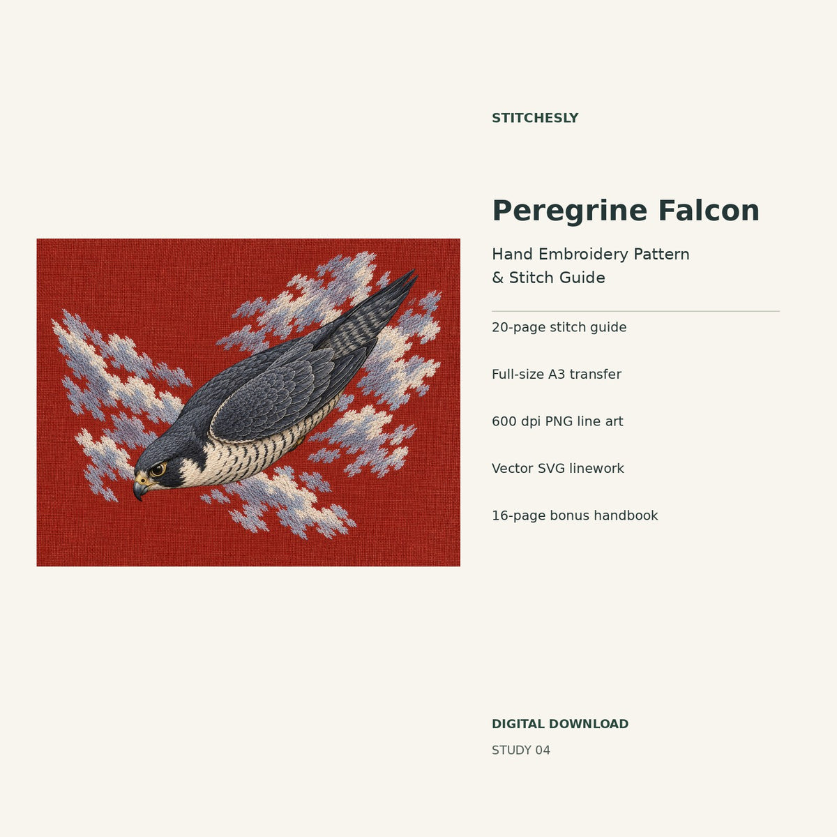 Peregrine Falcon hand embroidery digital package cover showing the reference artwork and included guide, transfer, PNG, SVG and bonus handbook.