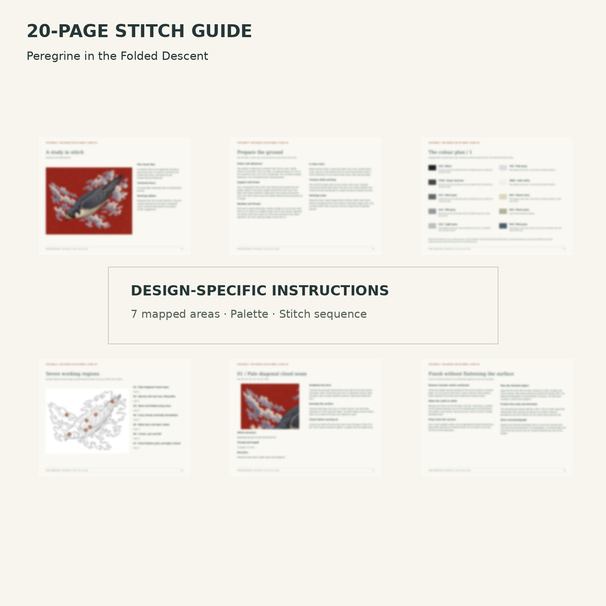 Protected page overview of the 20-page Peregrine Falcon stitch guide, including its numbered map, suggested palette and working sequence.