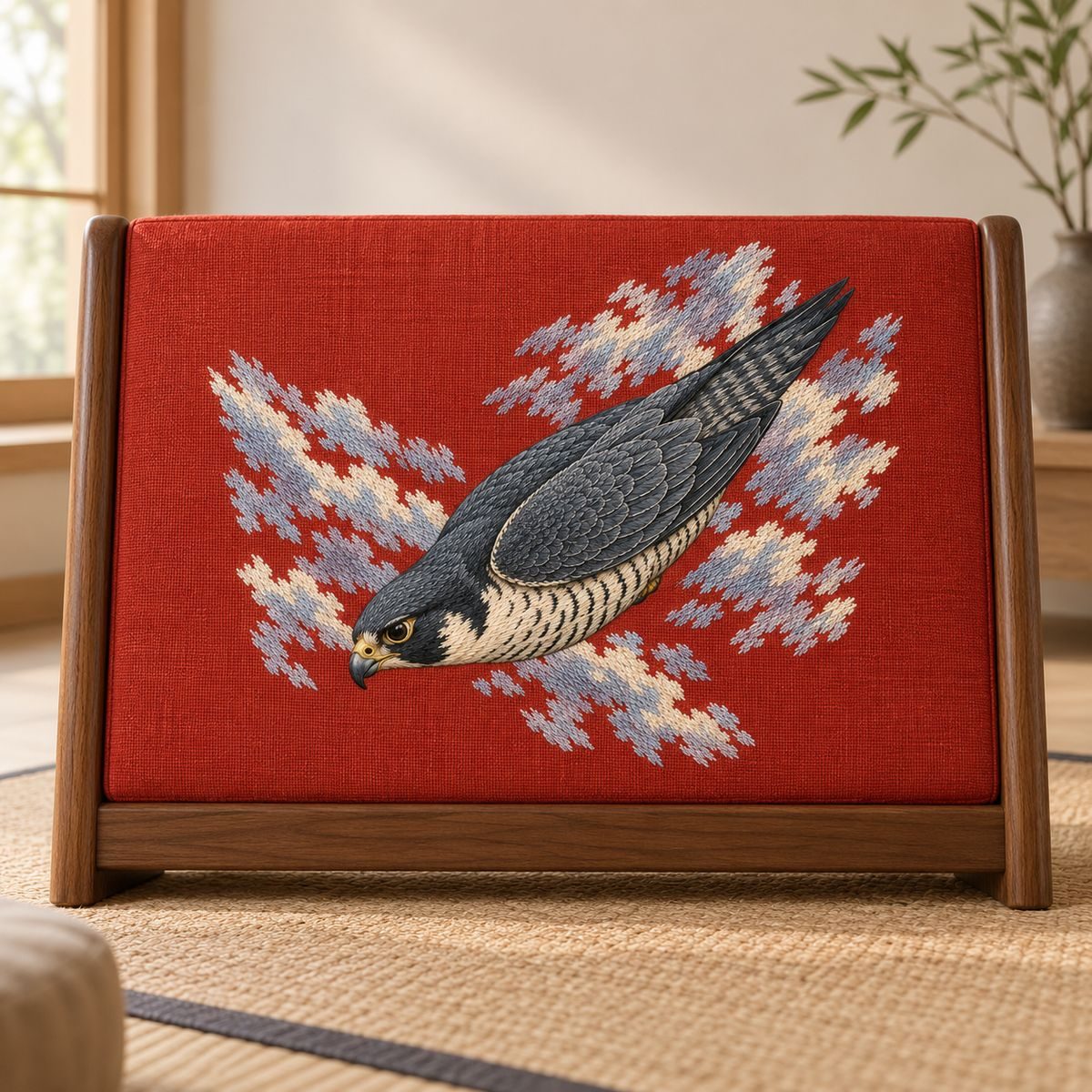 Peregrine Falcon embroidery design in a digital mockup of landscape vermilion upholstered meditation bench backrest in minimalist room. Placement inspiration for Study 04.